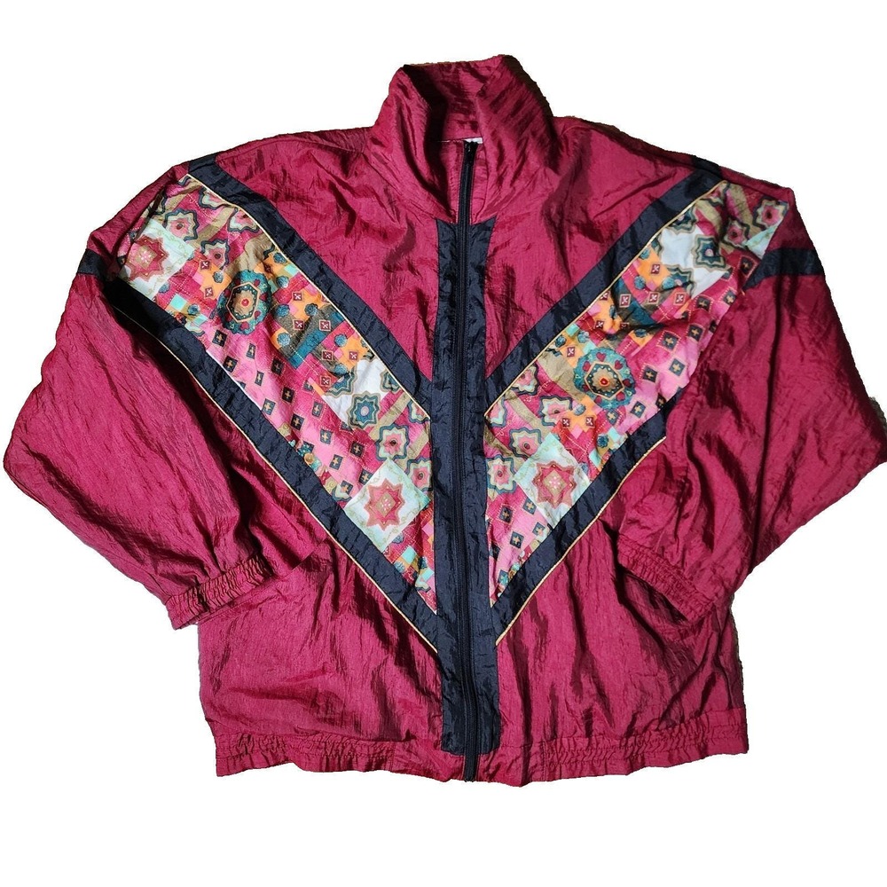 Vintage 80s Womens Nylon Windbreaker Track Jacket S Maroon Retro Laura Katherine